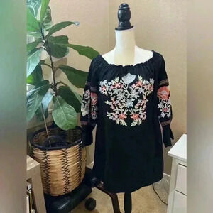 Free People fleur de Jour black embroidered boho mini dress